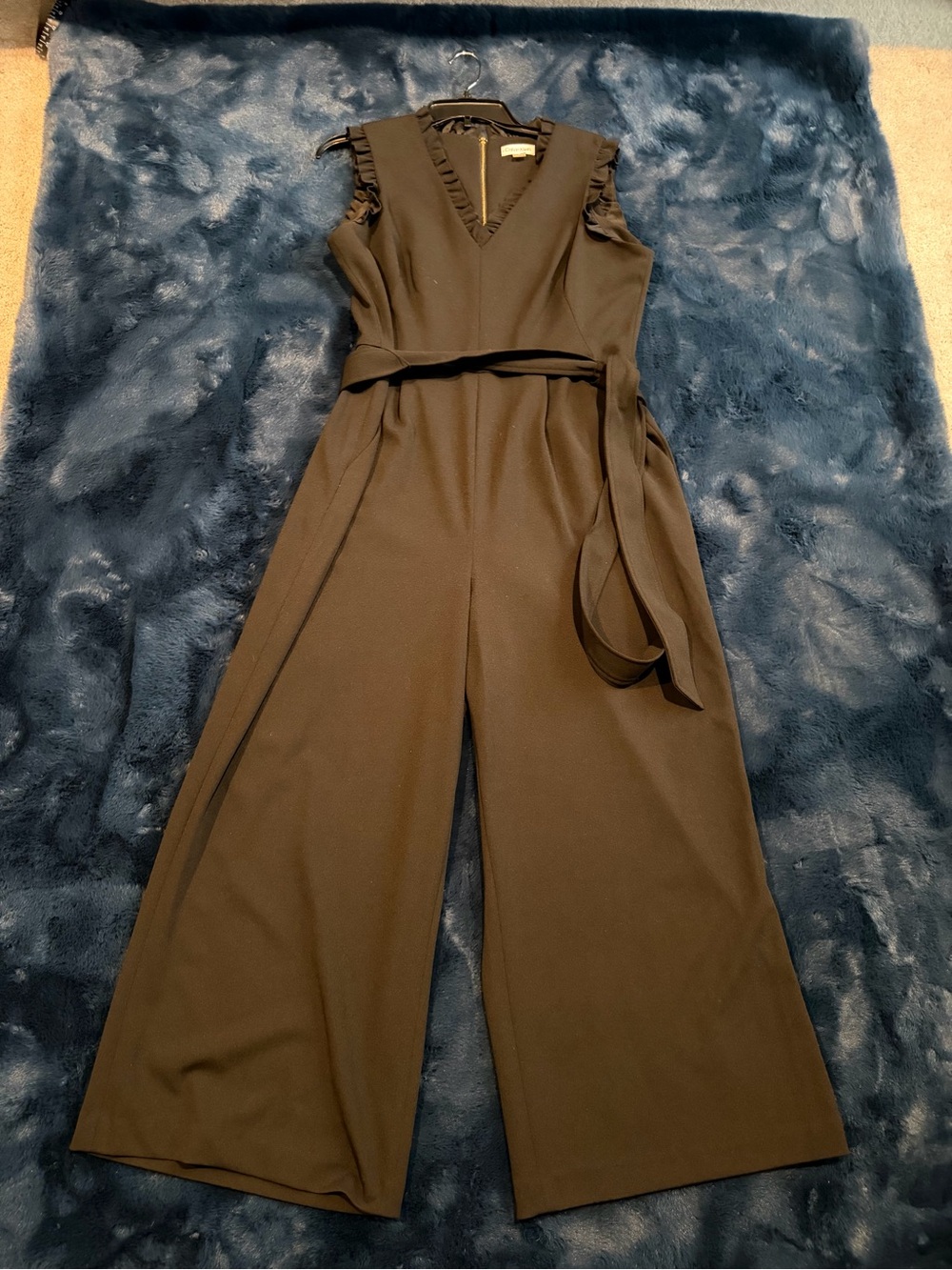 Calvin Klein Black Sleeveless V-Neck Wide-Leg Jumpsuit with Waist Tie